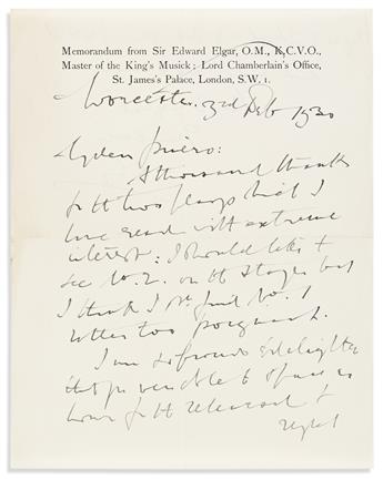 ELGAR, EDWARD. Autograph Letter Signed, E.E., to My dear Pietro [dAlba?],
